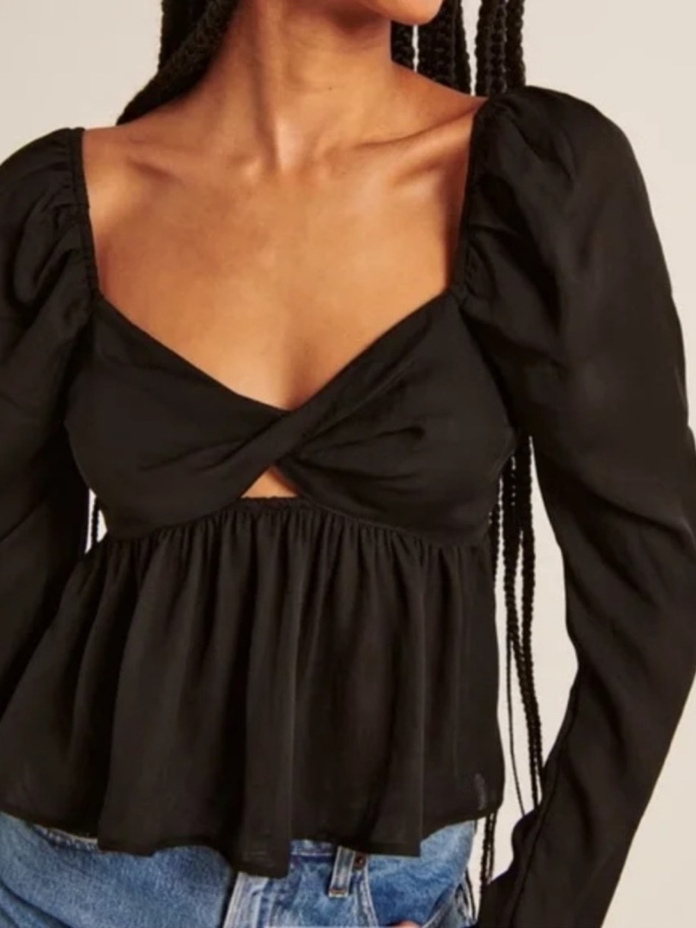 Abercrombie & Fitch Black Puff-Sleeve Smocked Bodice Top